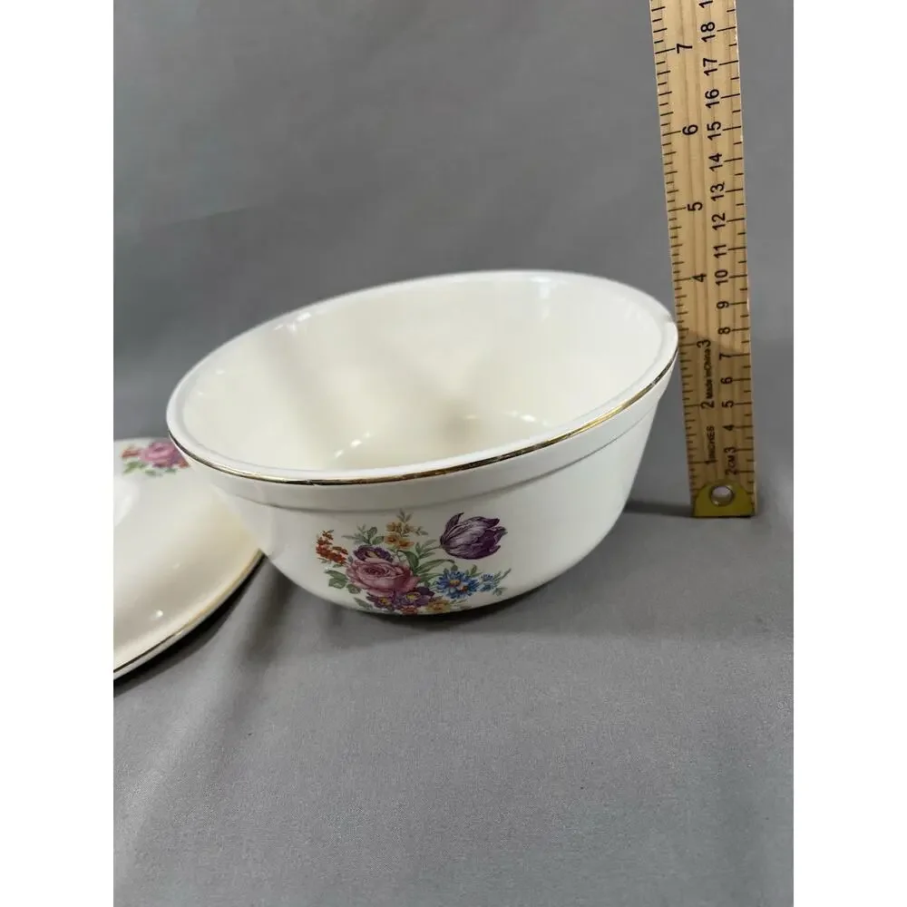 Vintage 22K Gold Floral Ceramic Covered Bowl Made in USA